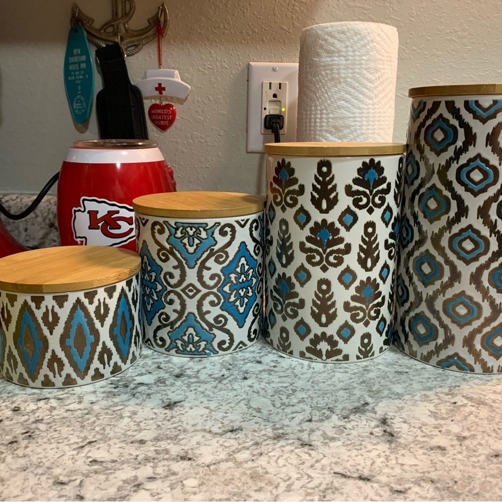 Canisters with SW flair. Off white, blue, and slate. New with original boxes.